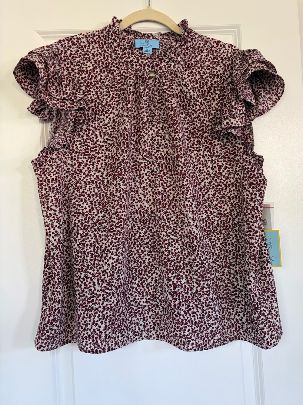 CeCe Sleeveless Ruffle Neck Floral Blouse - Red and White